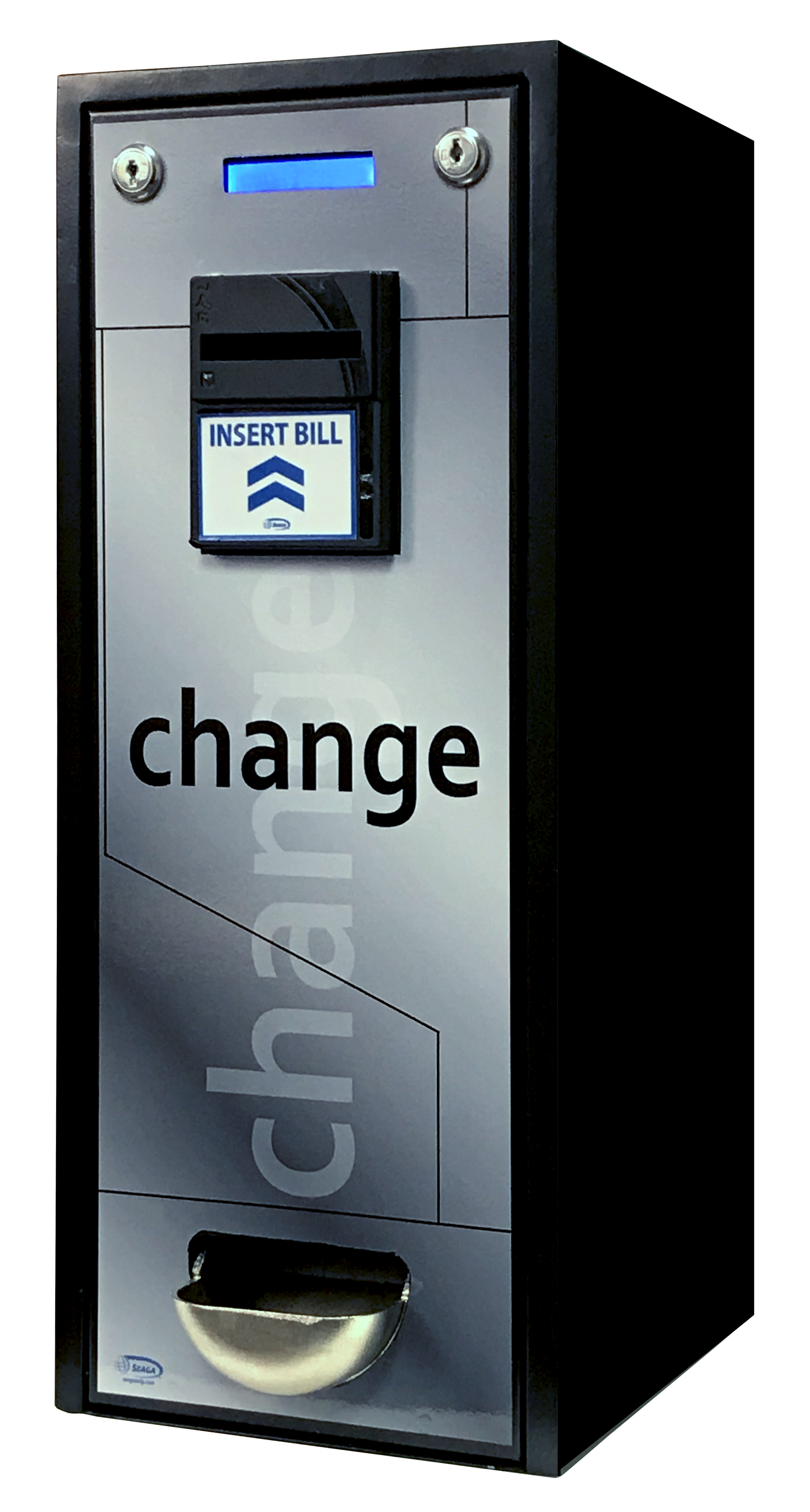 bill change machine that accepts US $1, $5, $10 and $20 and offers change in US Quarters