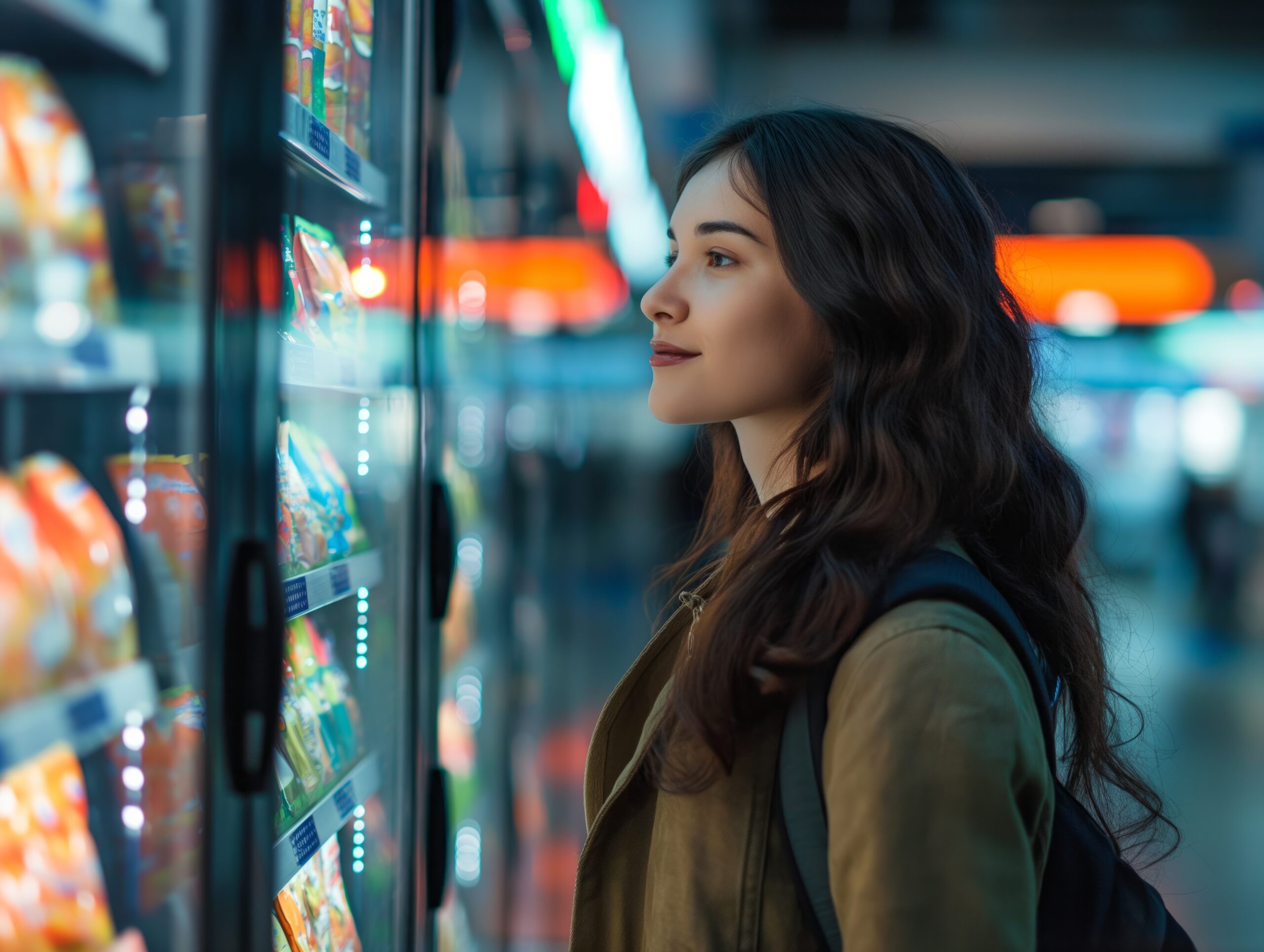 a woman looking at a vending machine