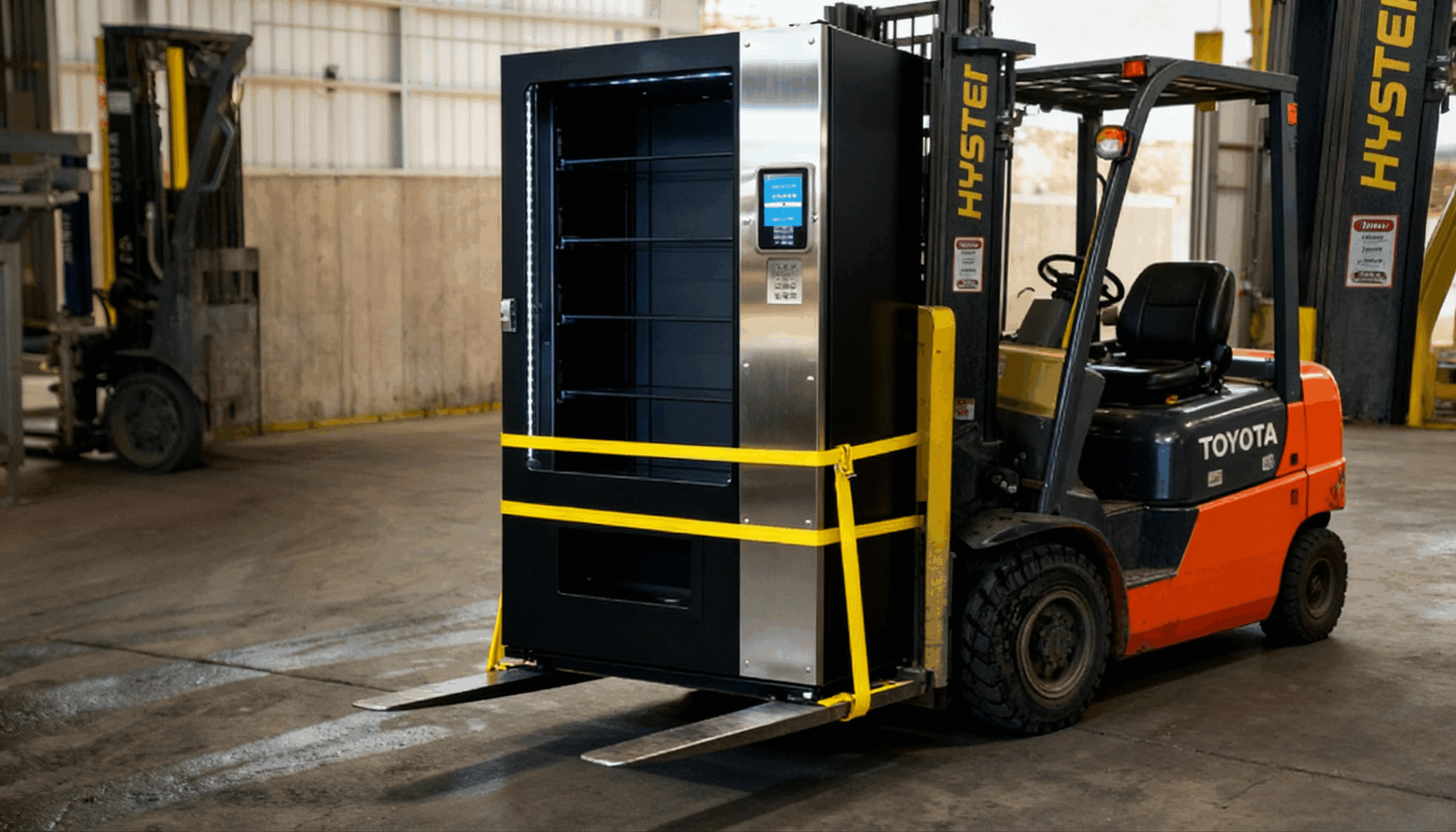 a forklift parked inside of a warehouse