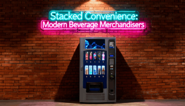 a vending machine in front of a brick wall