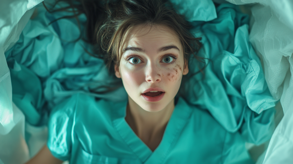 a woman laying in bed with a surprised look on her face