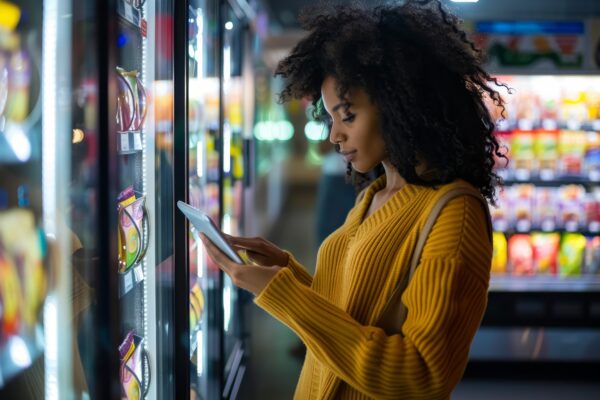a woman standing in front of a vending machine