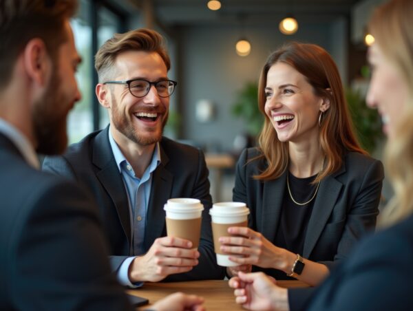 a group of people sitting around a table talking